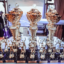 Стенд с кубками и медалями компании Виско за спортивные достижения